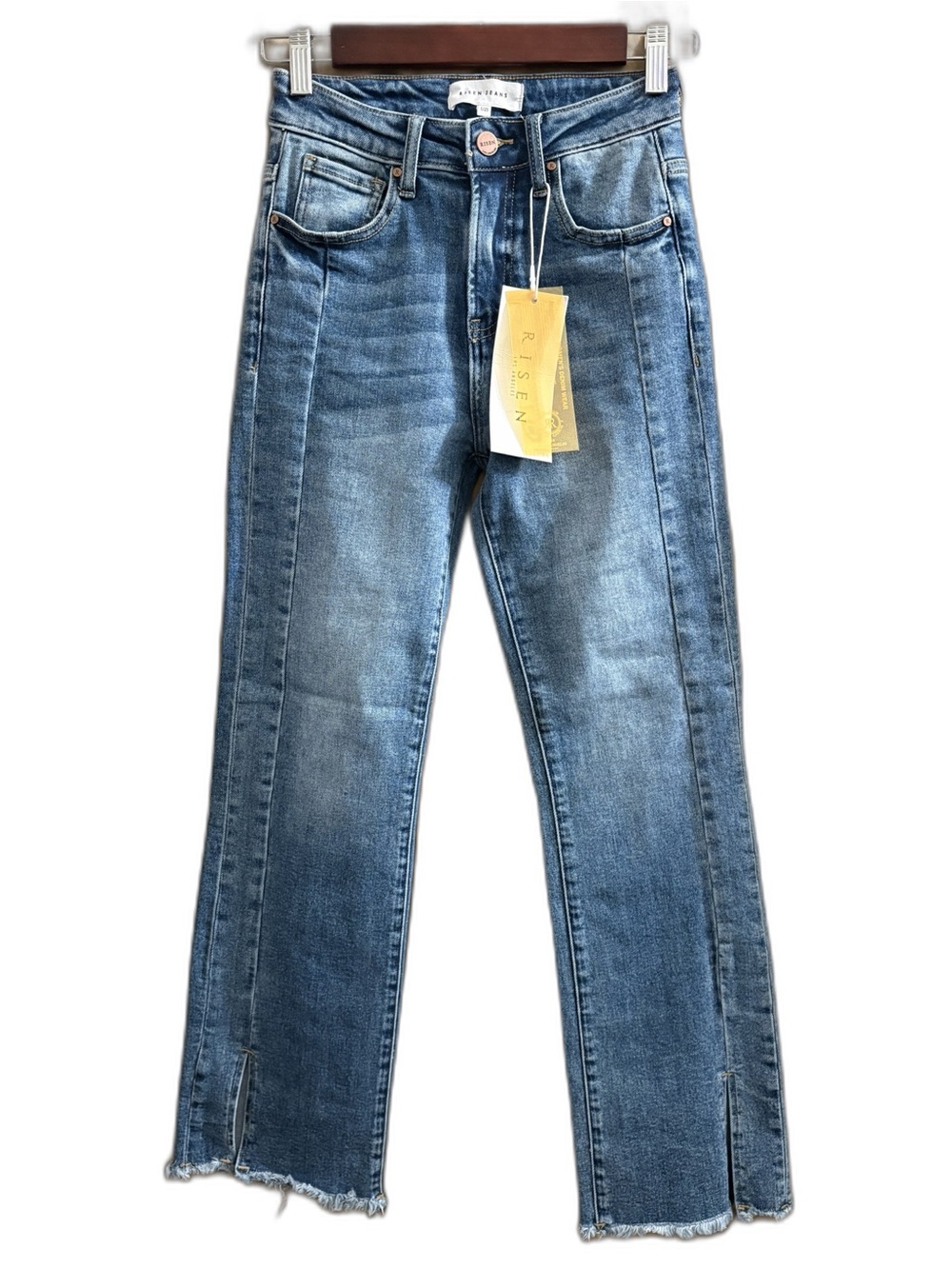 Risen Straight-Leg Blue Jeans with Front Seam and Raw Hem size 1/25